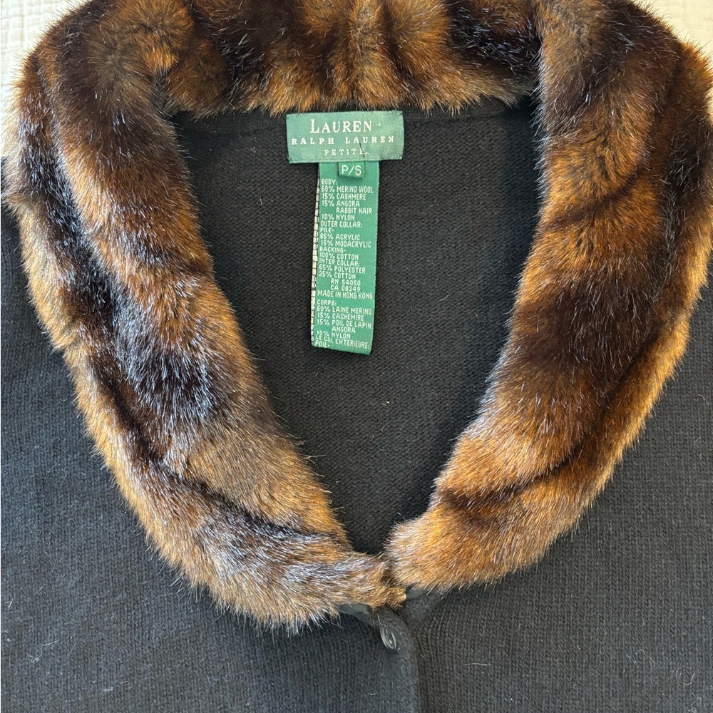 Vintage Ralph Lauren Black Wool Cashmere Angora Faux Fur Collar Cardigan SP - Picture 4 of 7